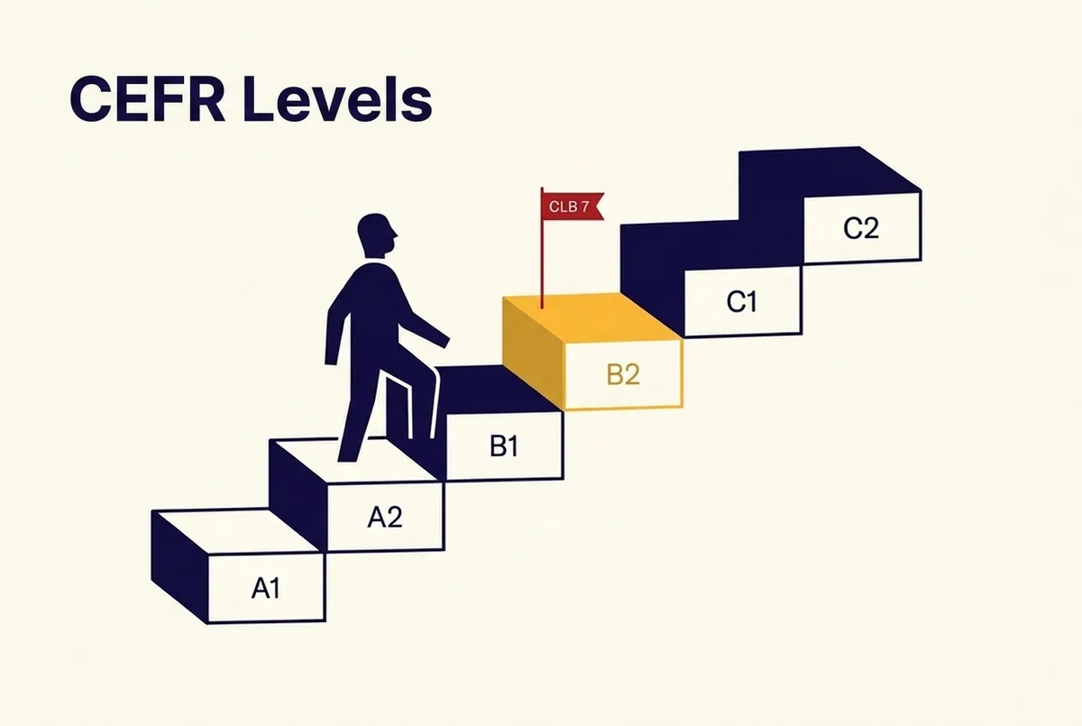 CEFR levels A1 to C2 staircase with CLB 7 marked at the low end of B2