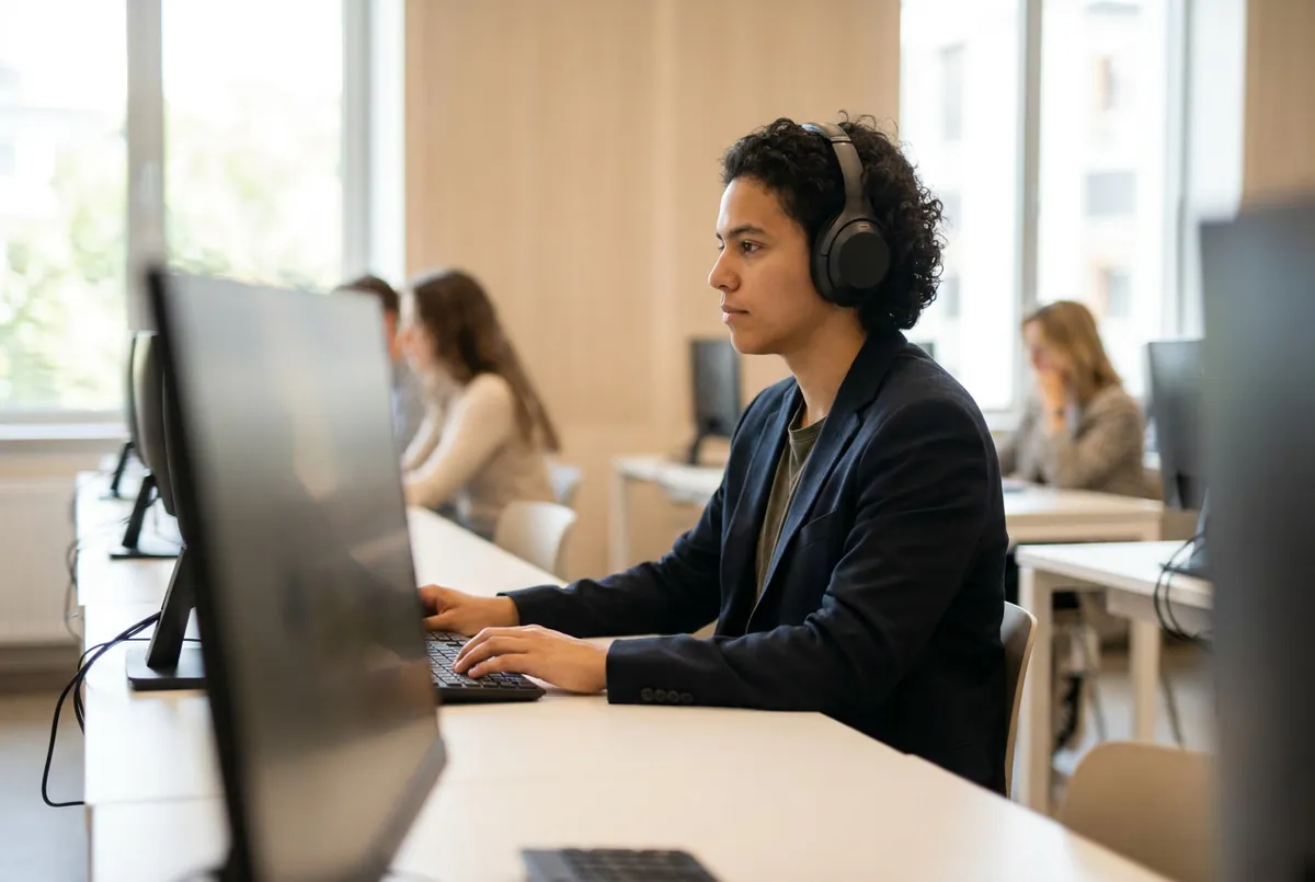 Candidate wearing headphones taking a computer-based French exam at a test centre
