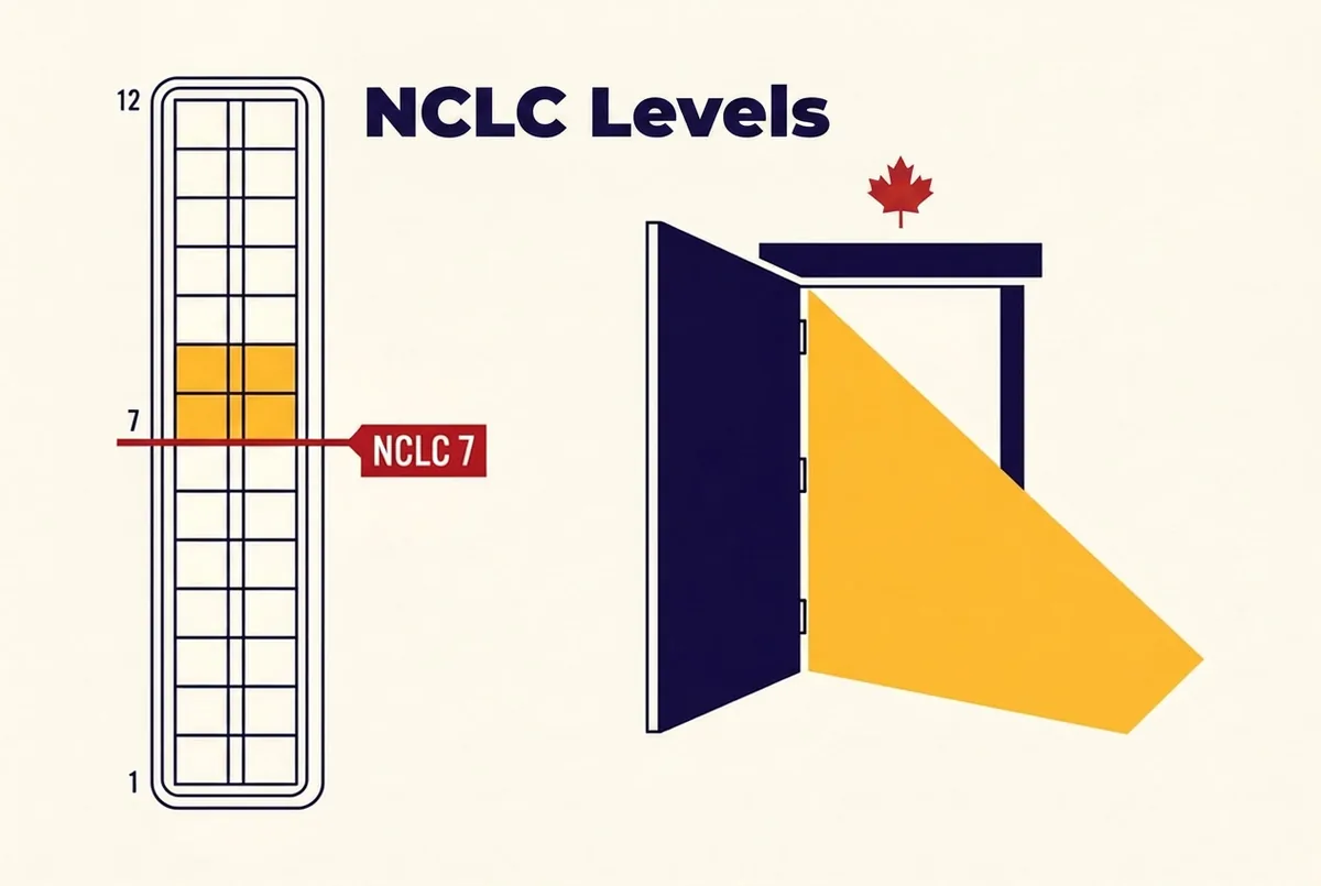 NCLC levels scale 1 to 12 with the NCLC 7 threshold for Canada PR highlighted