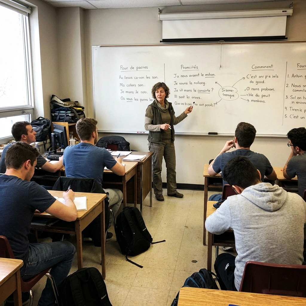 crowded offline French classroom with 30 students getting limited speaking practice