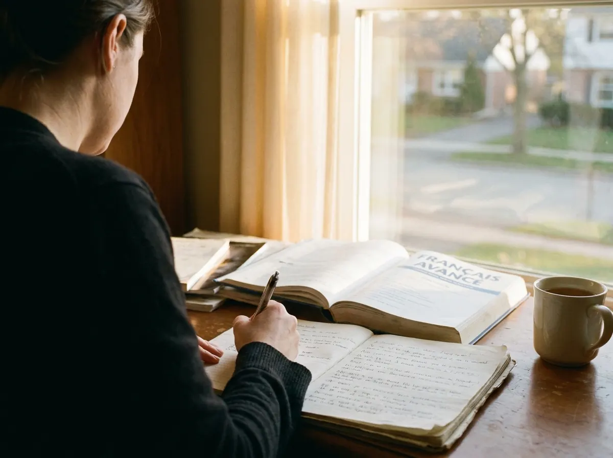 Adult student writing French notes beside an open Francais Avance textbook at a sunlit desk