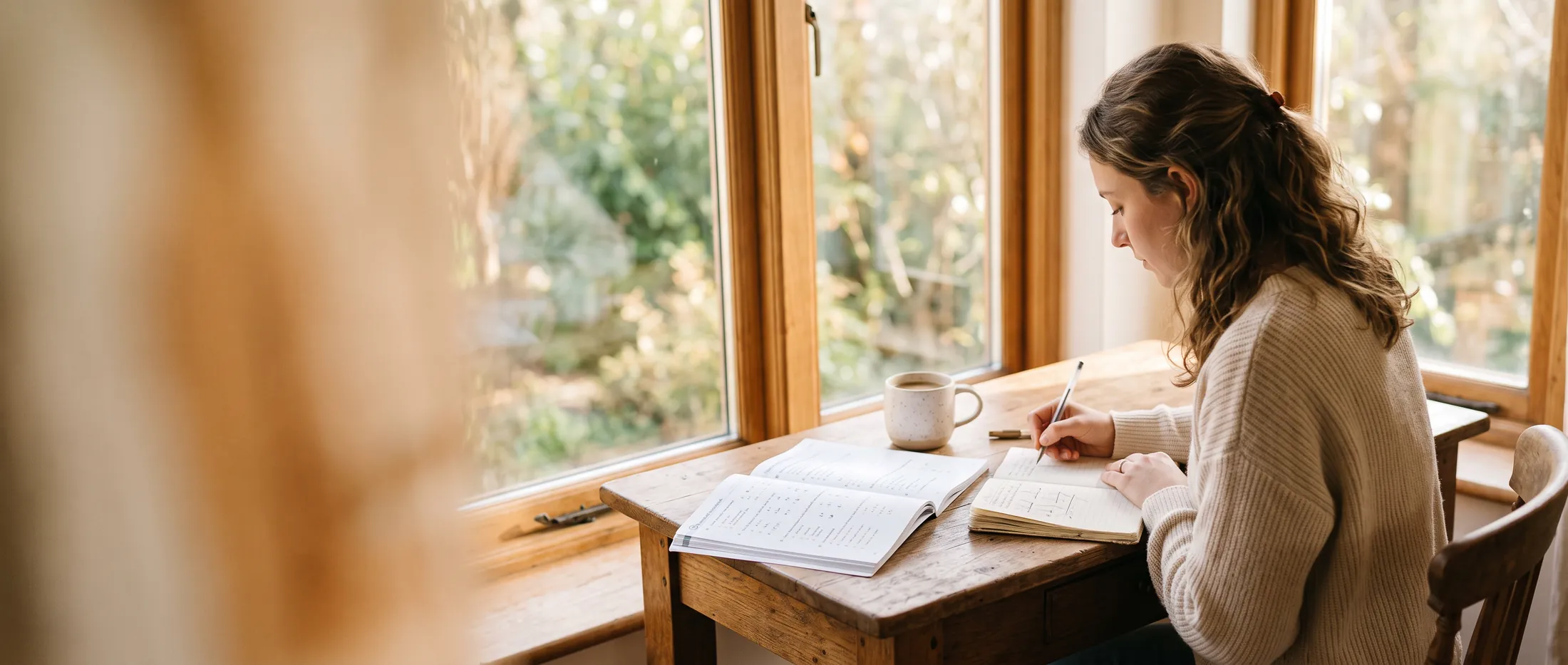 Adult student writing French notes in a sunlit study at home in Brampton