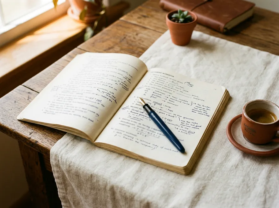 Open French grammar workbook with study notes, pen, and espresso on a desk