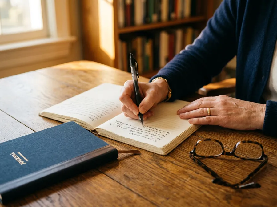 Close-up of hands writing formal French correspondence in a notebook