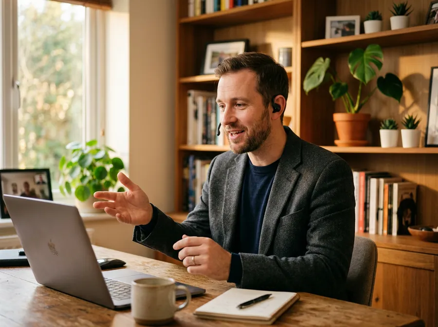 French tutor leading a live online B2 conversation class from a home office