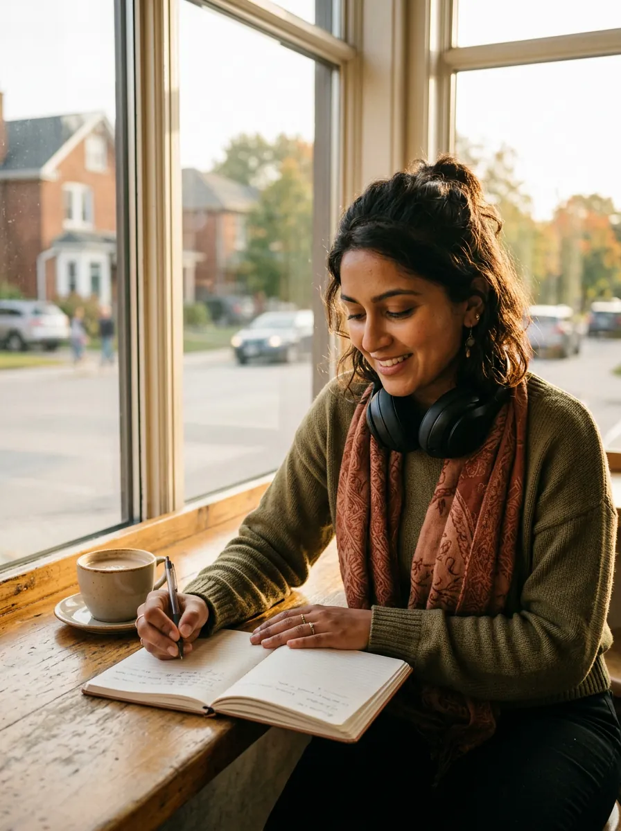 B2 French student reviewing notes with headphones at a Brampton café window