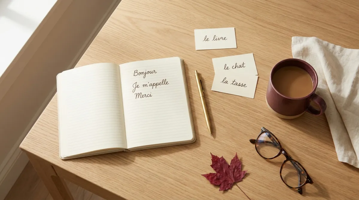 Beginner French course study materials in Brampton: notebook with basic French phrases, flashcards and coffee