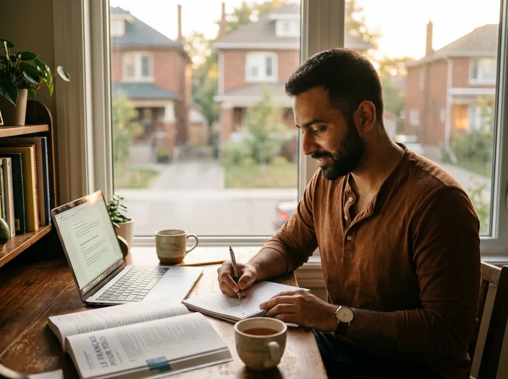 Student taking online French lessons from home in Brampton at golden hour