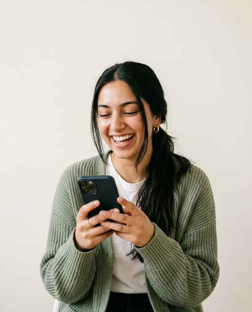 Member of the free TFA French WhatsApp group laughing at a message on her phone