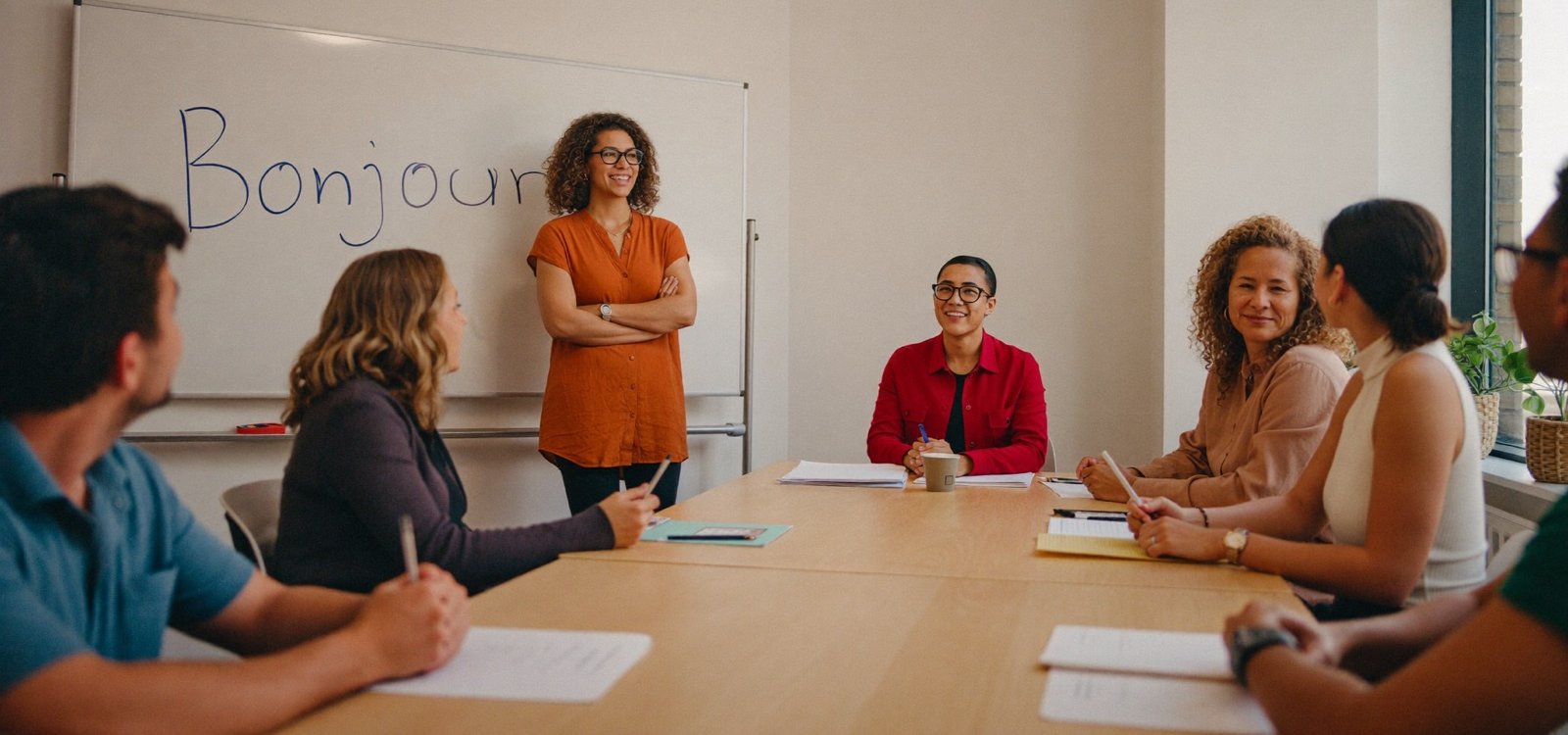 Small group French class for adults at Toronto French Academy in Brampton, instructor at the whiteboard