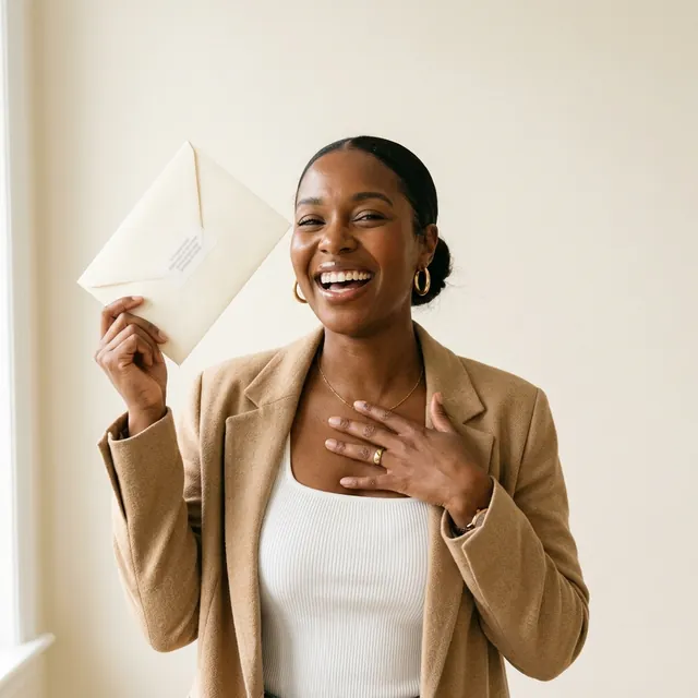 Student celebrating with a certificate envelope after DELF exam preparation