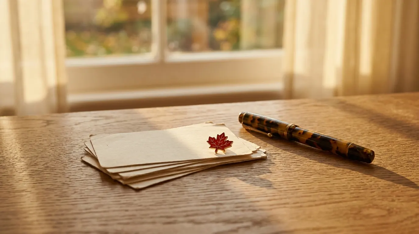 Stack of paper French vocabulary flashcards with a red maple leaf pin and a fountain pen on an oak table