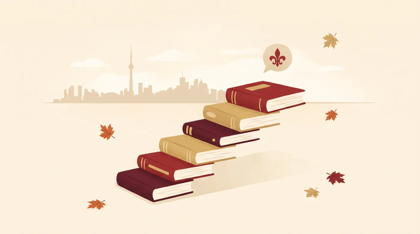 Illustration of French textbooks stacked like a rising staircase, with a fleur-de-lis speech bubble and the Toronto skyline behind