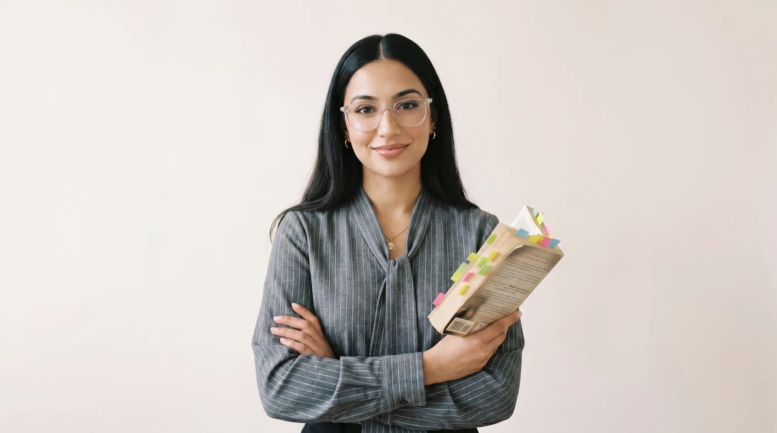 A Toronto French Academy tutor holding a French exam preparation textbook marked with study tabs