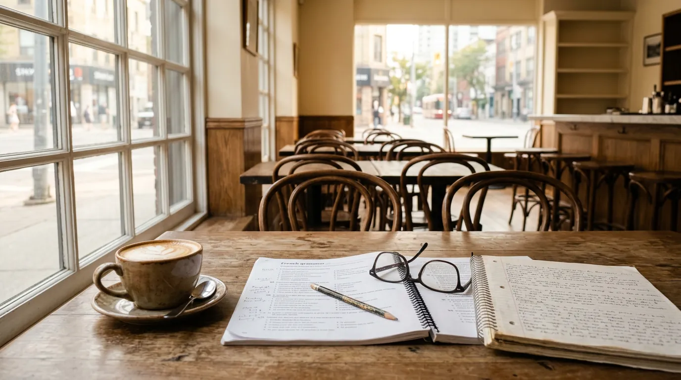 Intermediate and Advanced Classes (B1 & B2) French grammar workbook, handwritten notes and a coffee on a study table in an empty Toronto cafe