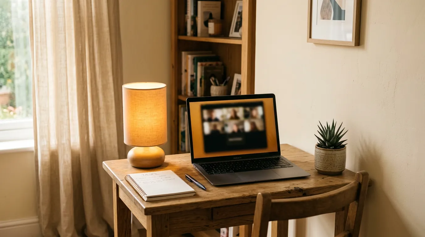 Home study desk set up for a live online French class, laptop showing a video call