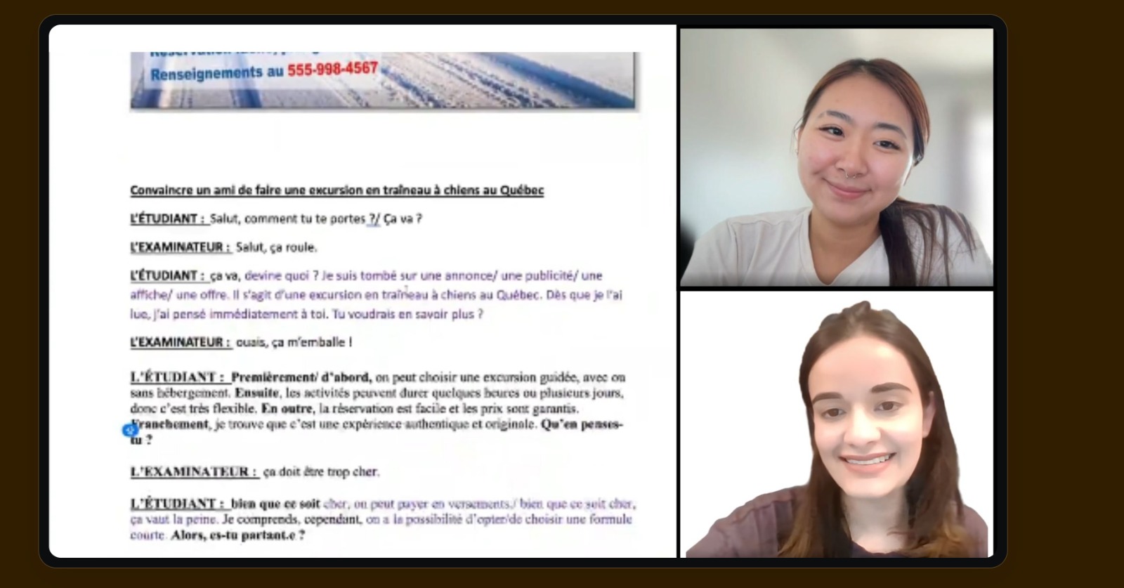 Live 1-to-1 online French class: tutor and student practising a TEF Canada speaking role-play from a shared screen