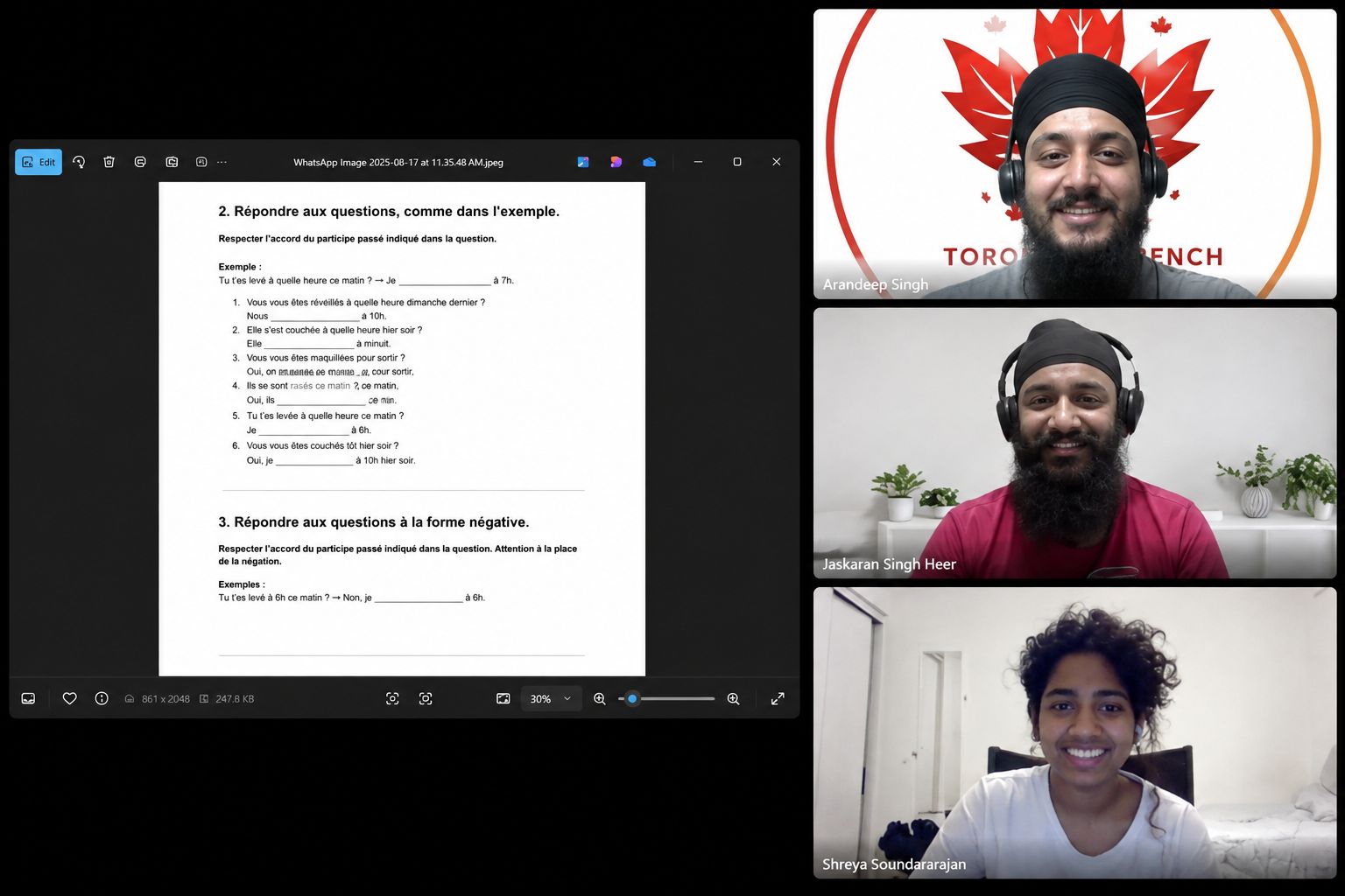 Small-group online French class at Toronto French Academy: tutor and three students working through a grammar exercise live