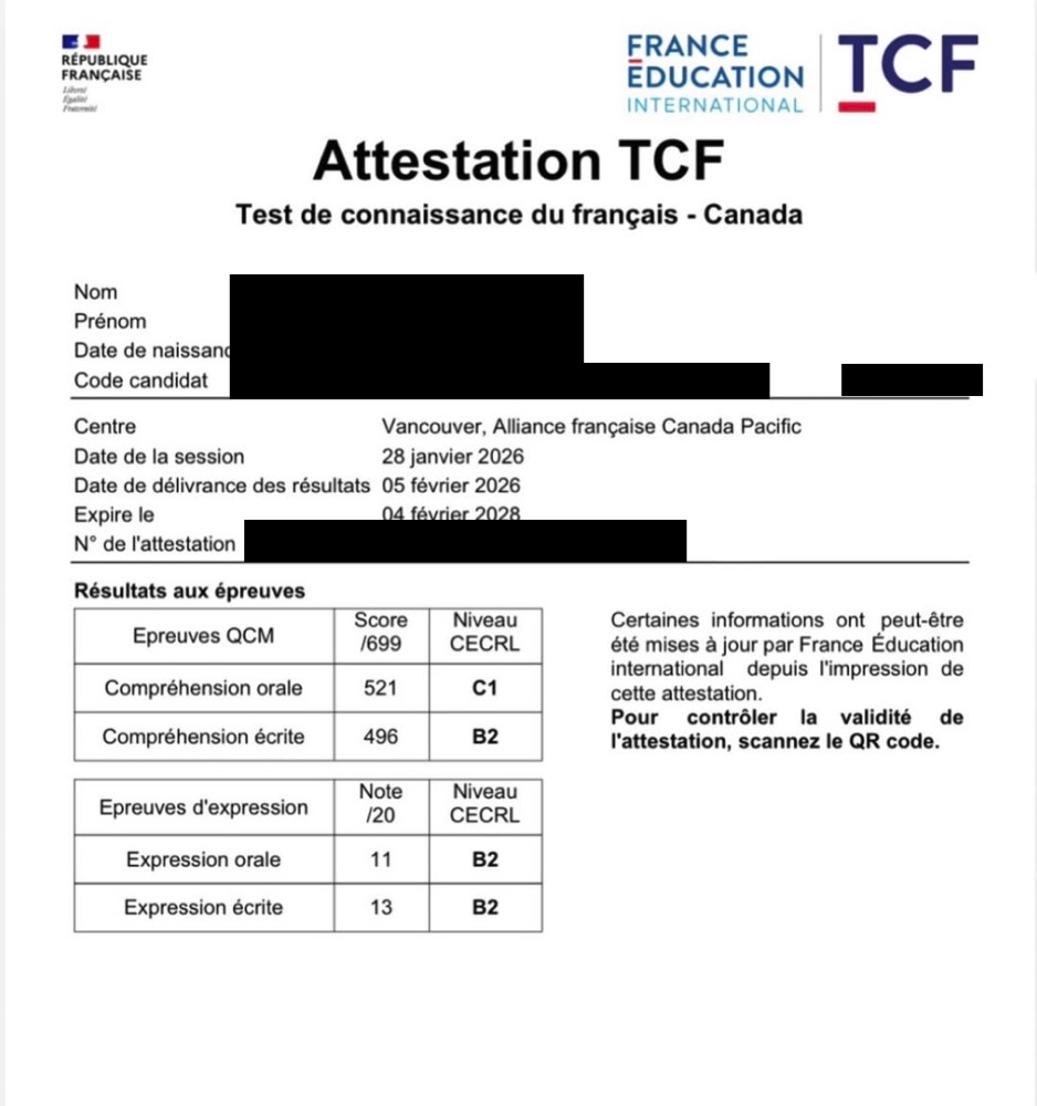 Real TCF Canada attestation from a Toronto French Academy student — B2 to C1 results in every section