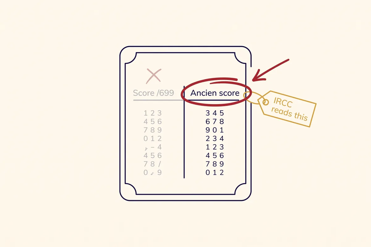 Diagram of a TEF Canada attestation showing that IRCC reads the ancien score column, not the score out of 699