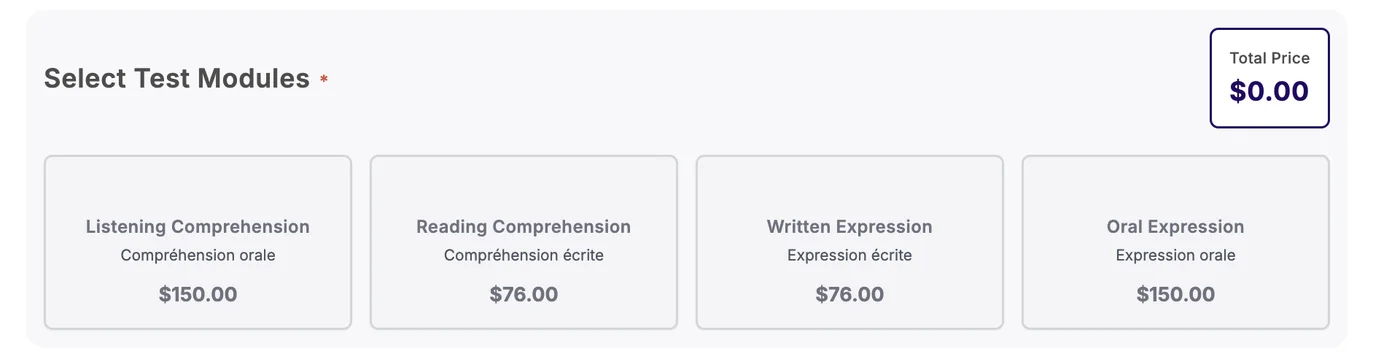 Test module selection on the TEF Canada booking form showing all four modules and the running total price