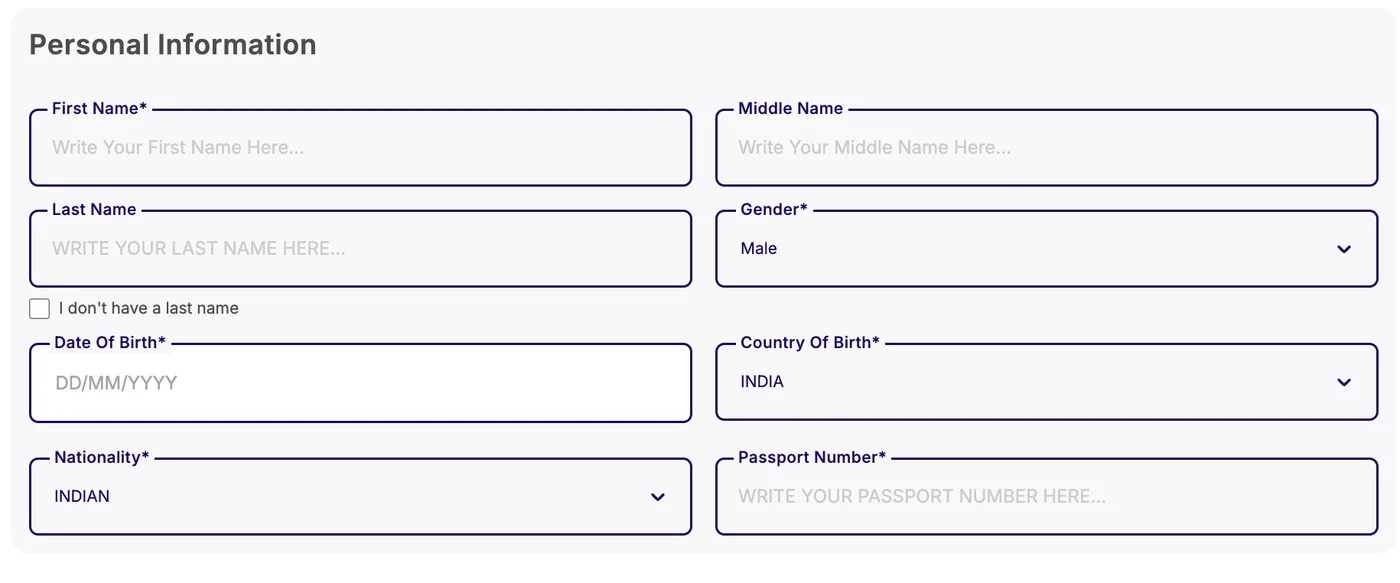 Personal information section of the TEF Canada booking form: name, gender, date of birth, country of birth, nationality and passport number