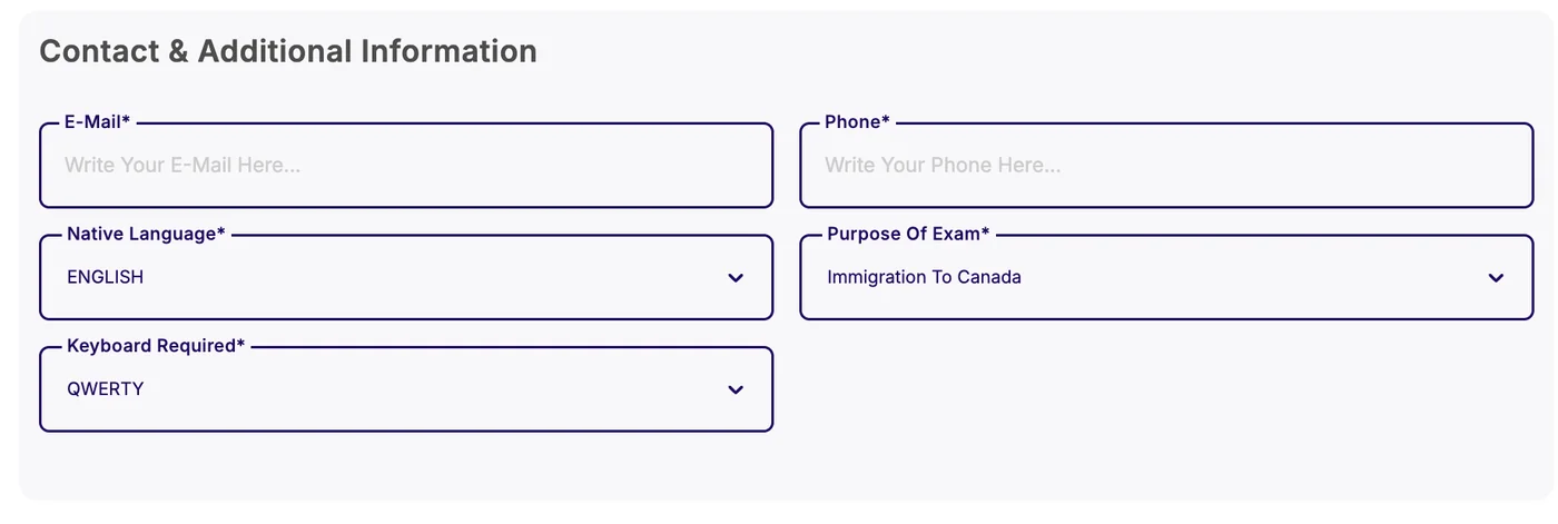 Contact and additional information on the TEF Canada booking form with purpose of exam set to Immigration to Canada and keyboard set to QWERTY