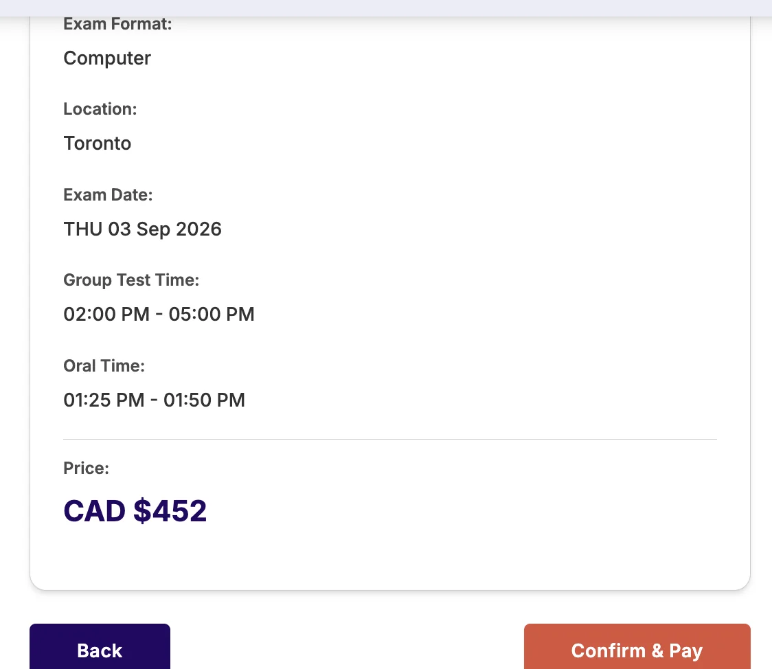 Booking summary before payment on the TEF Canada registration form: exam format, location, date, group and oral times, and total price