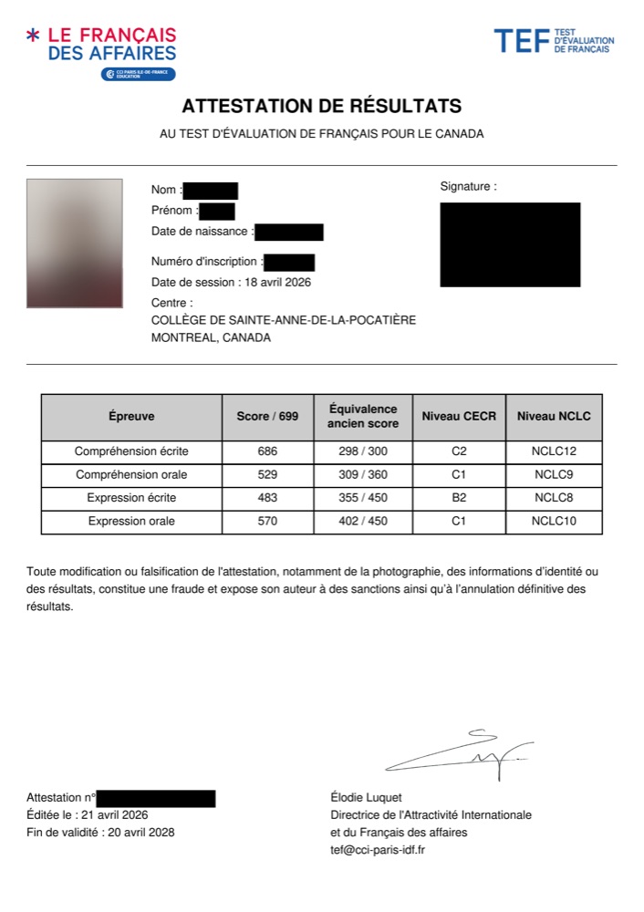Real TEF Canada attestation from a Toronto French Academy student — NCLC 8 to 12 across all four skills