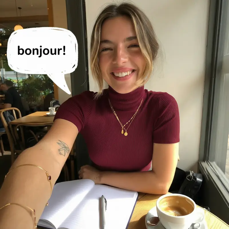 Smiling beginner French student with a notebook saying bonjour at a café