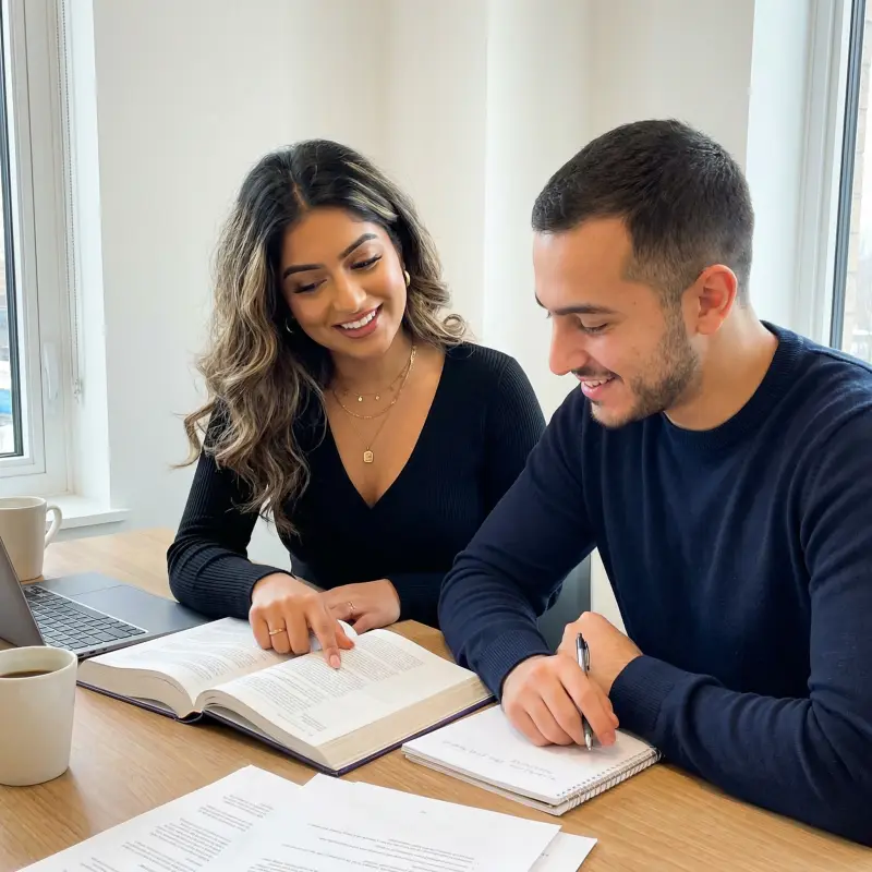 Two students practising French together with a textbook and notes