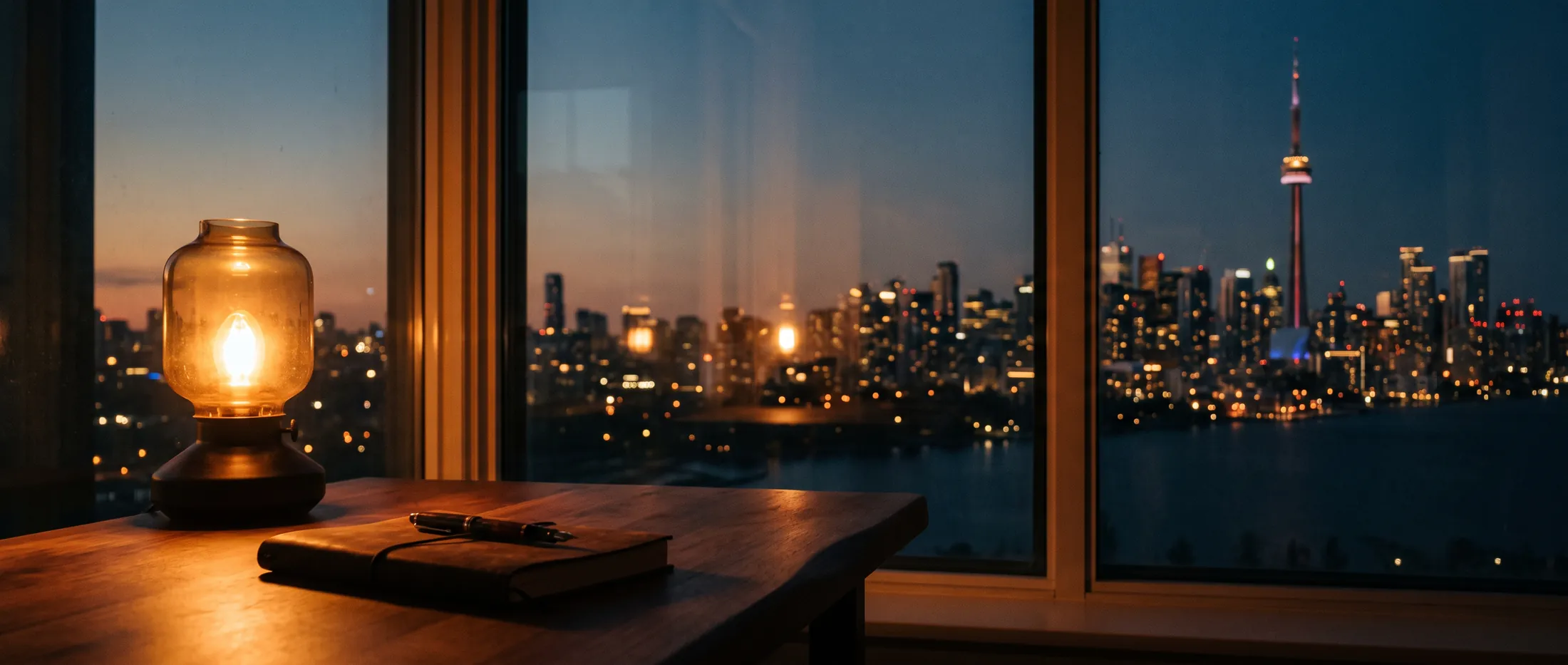 Toronto skyline at dusk seen from a warm study room window