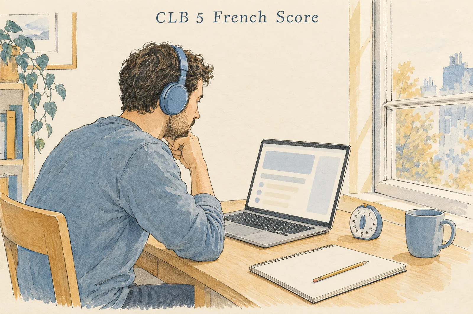 CLB 5 French score: a candidate taking a timed mock test with headphones