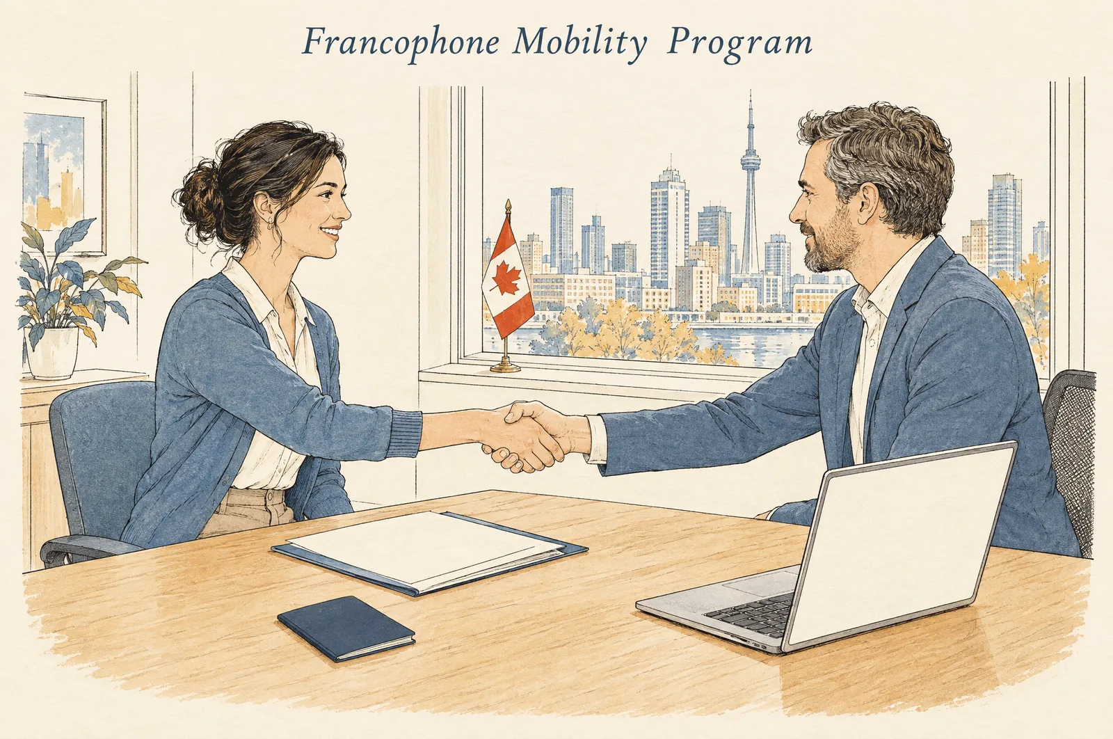 Francophone Mobility Program: a French-speaking candidate shakes hands with a Canadian employer in Toronto over a job offer