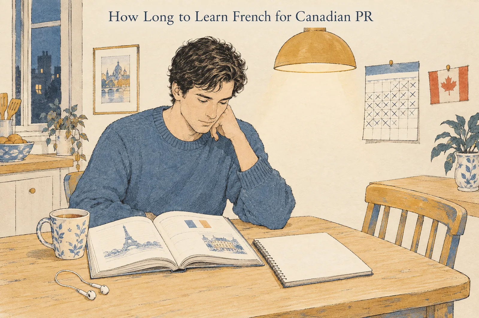 How long to learn French for Canadian PR: a learner studying French at the kitchen table in the evening, calendar on the wall with days crossed off