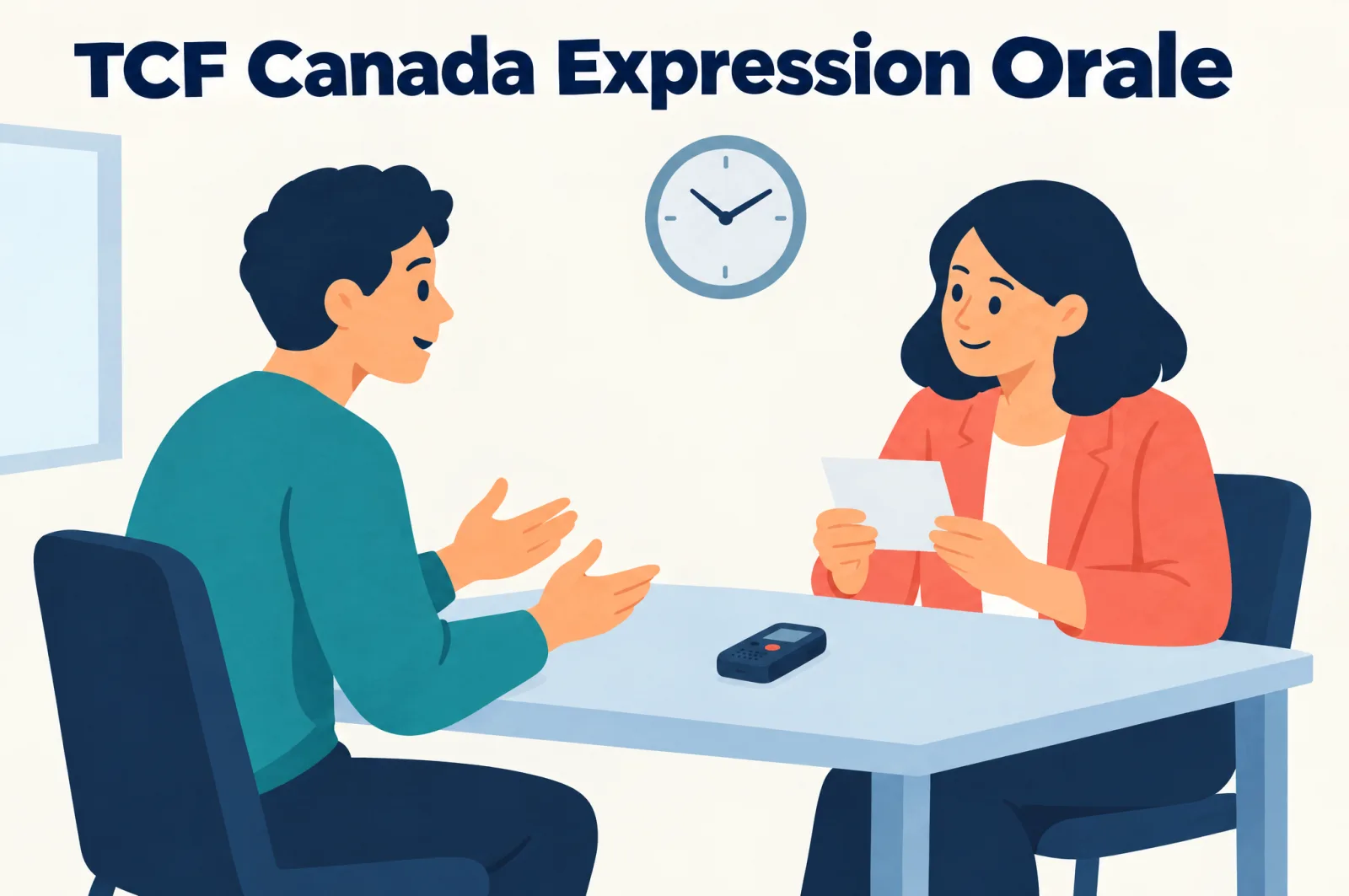 TCF Canada expression orale: the speaking test TCF Canada expression orale: candidate and examiner face to face in the speaking test, with the recorder on the table