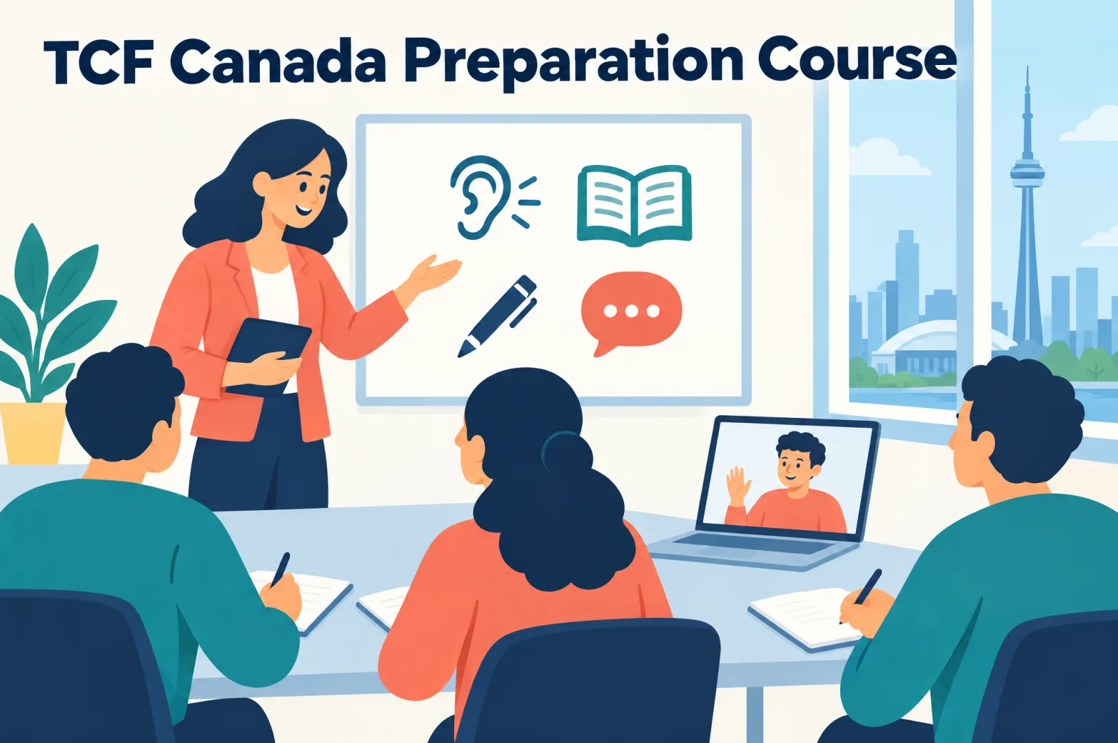 TCF Canada preparation course: teacher leading a small class in Toronto with an online learner joining on a laptop