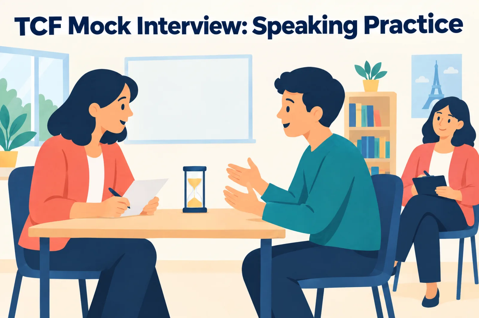 TCF mock interview: teacher playing the examiner in a timed speaking practice session at Toronto French Academy