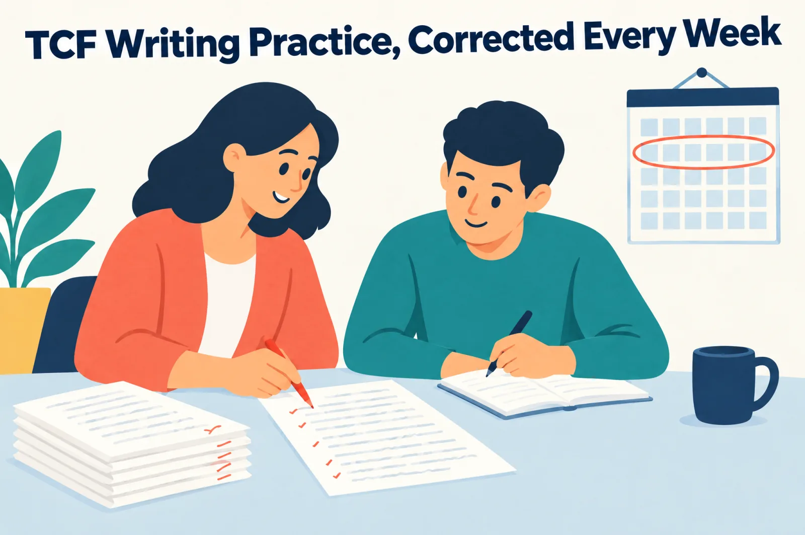 TCF writing practice corrected every week: a teacher marks a student’s writing task with a weekly calendar on the wall