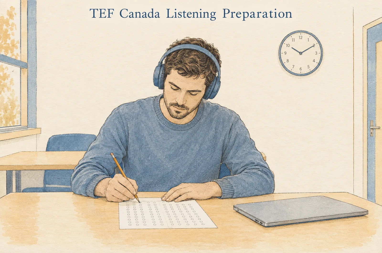 TEF Canada listening preparation: a candidate with headphones filling a 40-question answer sheet under a wall clock