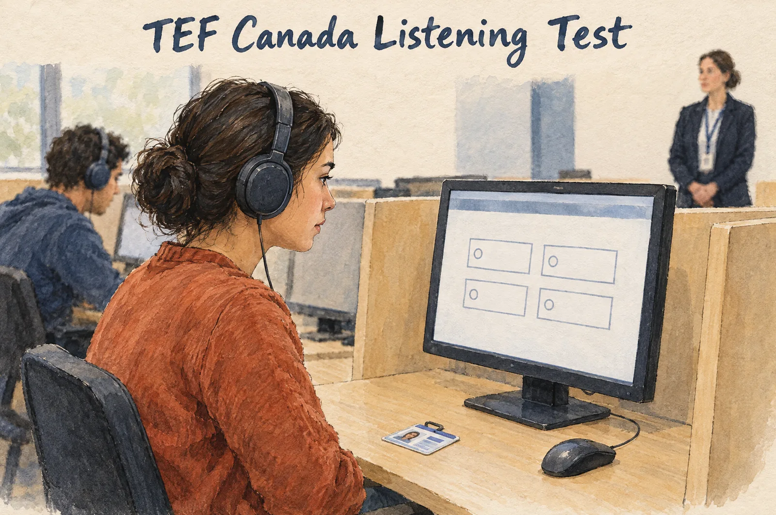 TEF Canada listening test: a candidate with headphones at the test-centre computer, answering the compréhension orale questions