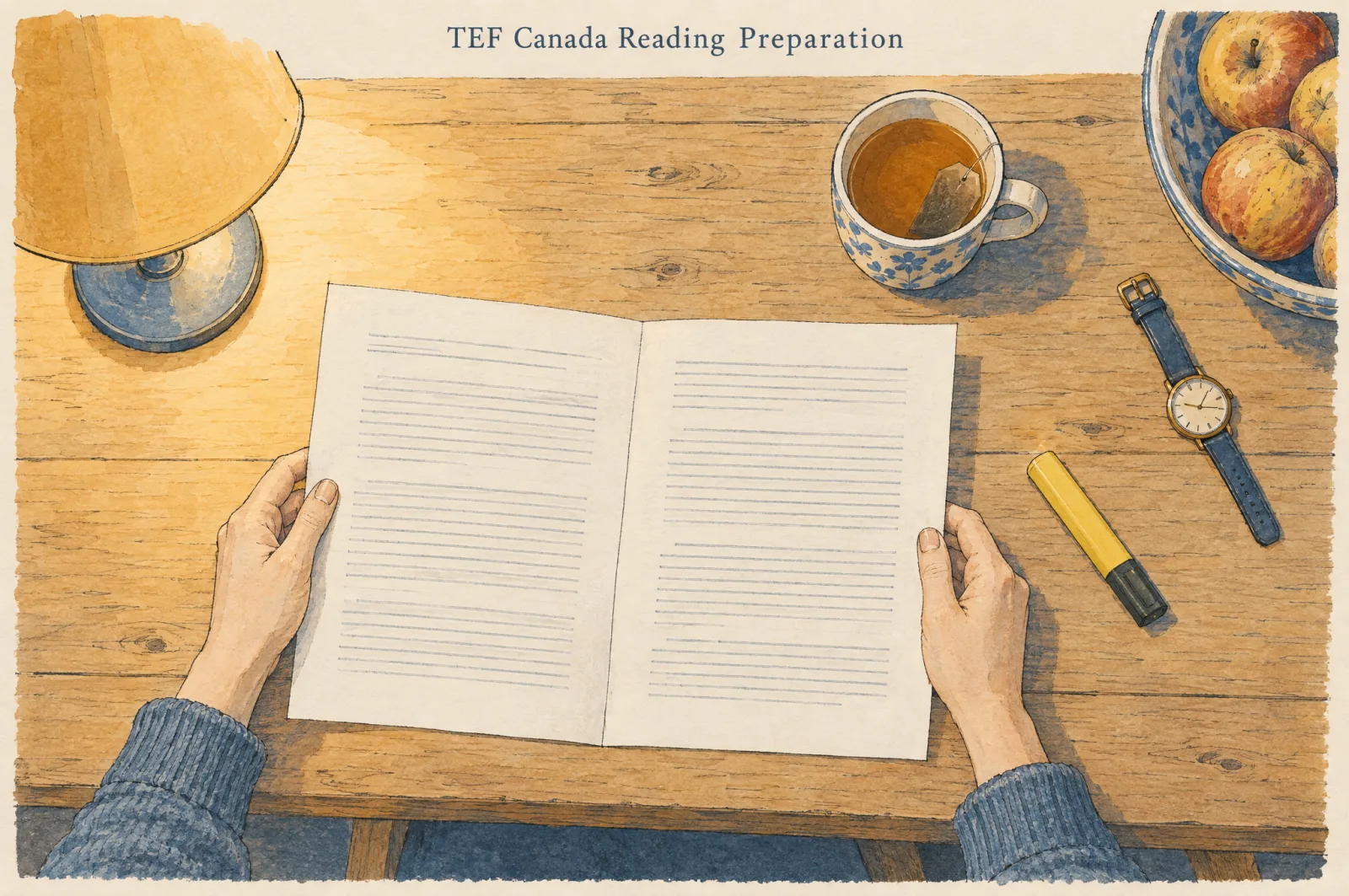 TEF Canada reading preparation: a candidate scanning a printed text line by line with a pencil and an hourglass