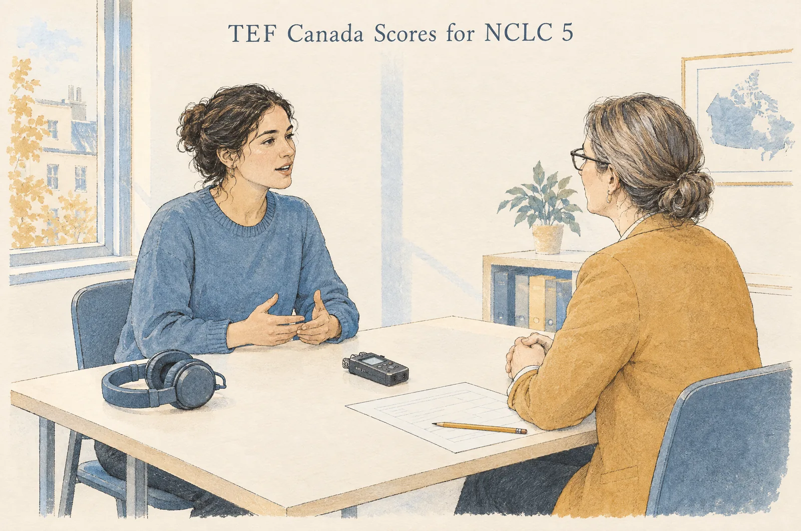 TEF Canada scores for NCLC 5: a candidate taking the speaking test with headphones ready for the listening test