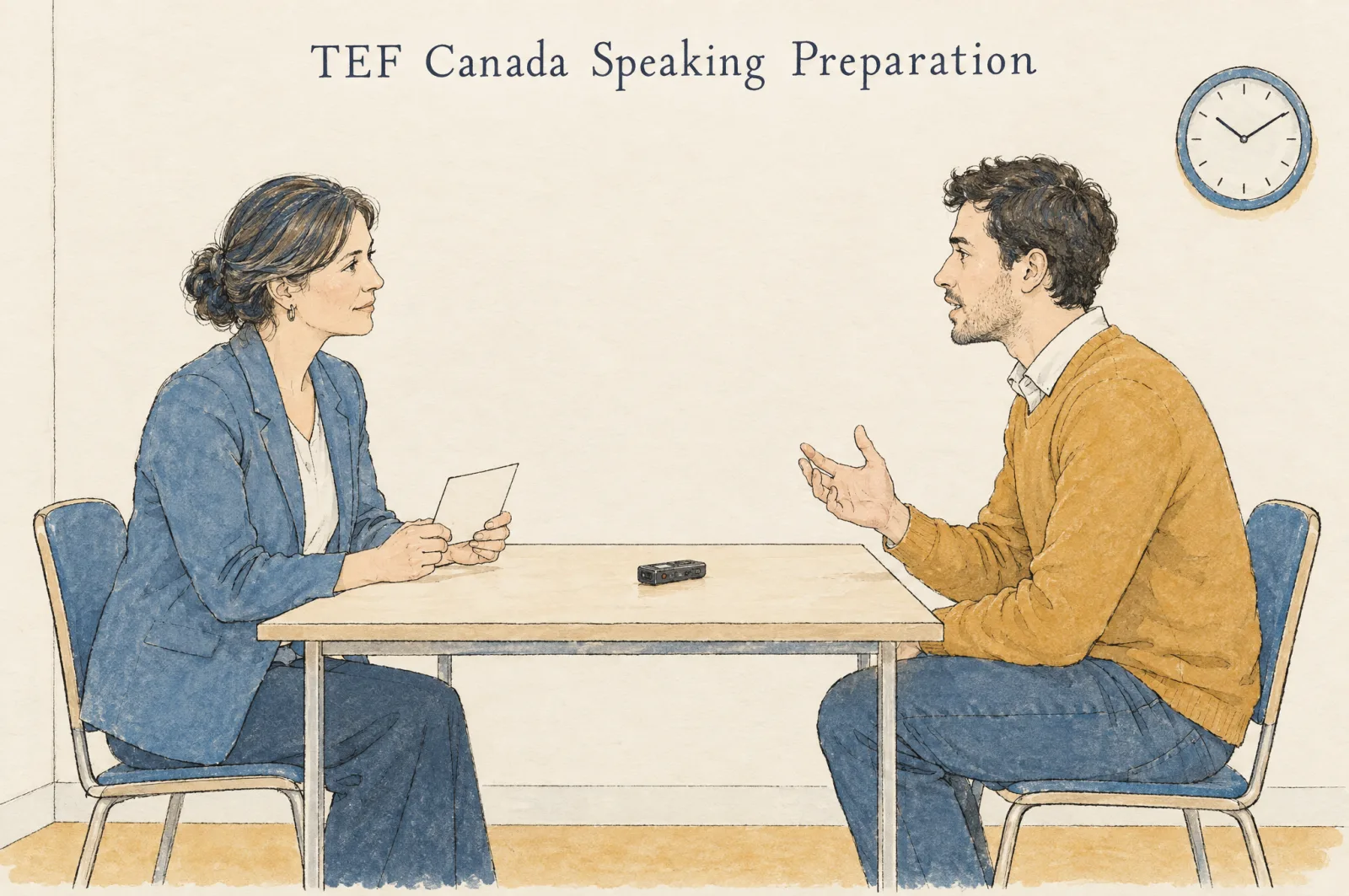 TEF Canada speaking preparation: a timed mock interview, candidate and examiner face to face with a voice recorder on the table