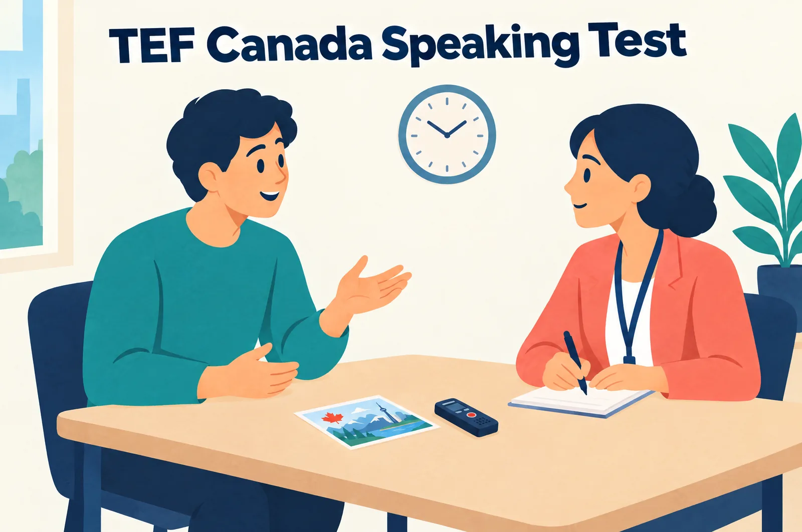 TEF Canada speaking test: a candidate and the examiner face to face at the exam table