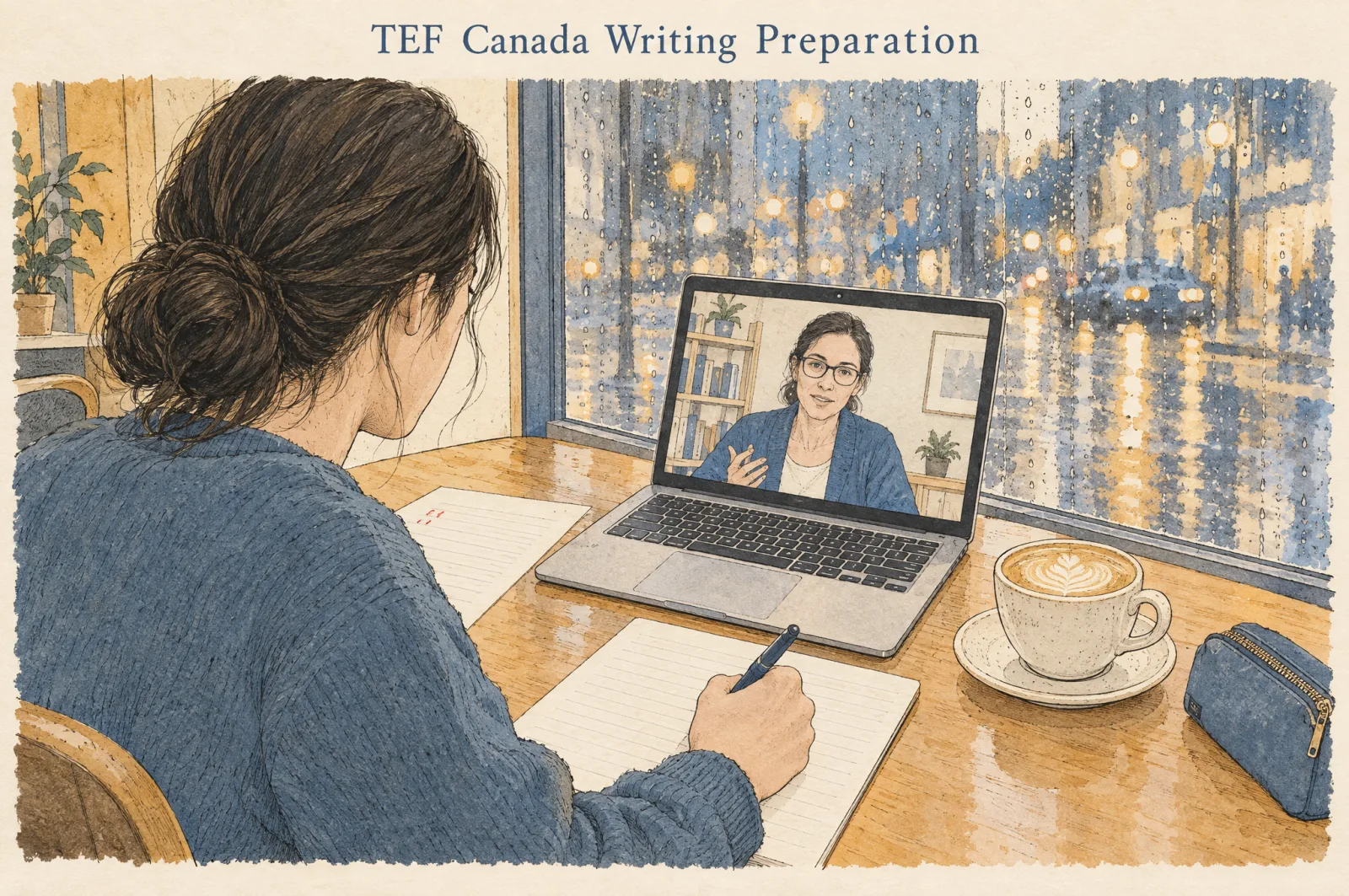 TEF Canada writing preparation: a tutor correcting a student's handwritten essay with a red pen while the students watch