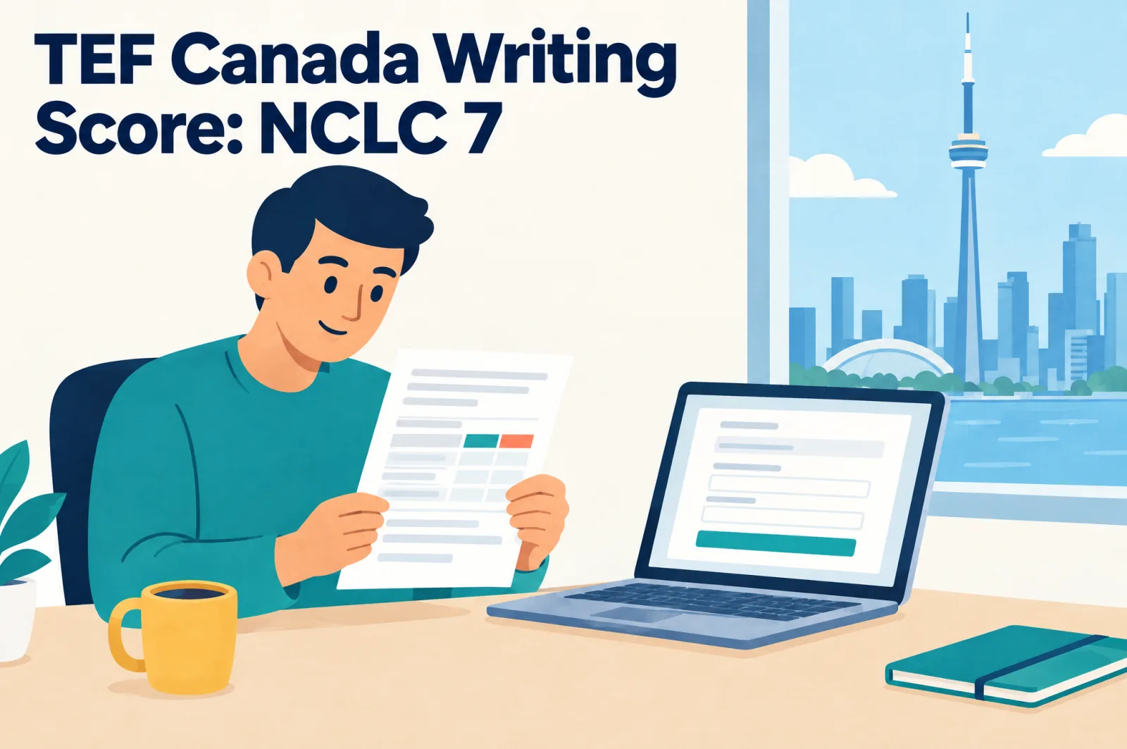 TEF Canada writing score for NCLC 7: a candidate reads the two writing scores on the TEF Canada results sheet beside the Express Entry form