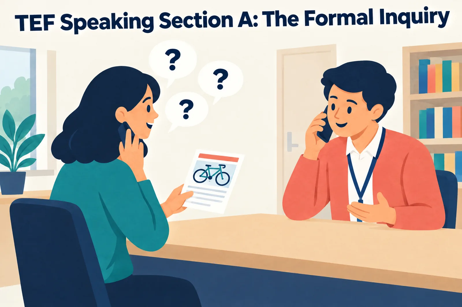 TEF speaking Section A: the candidate calls the seller from a used-bicycle ad and asks questions while the examiner plays the seller