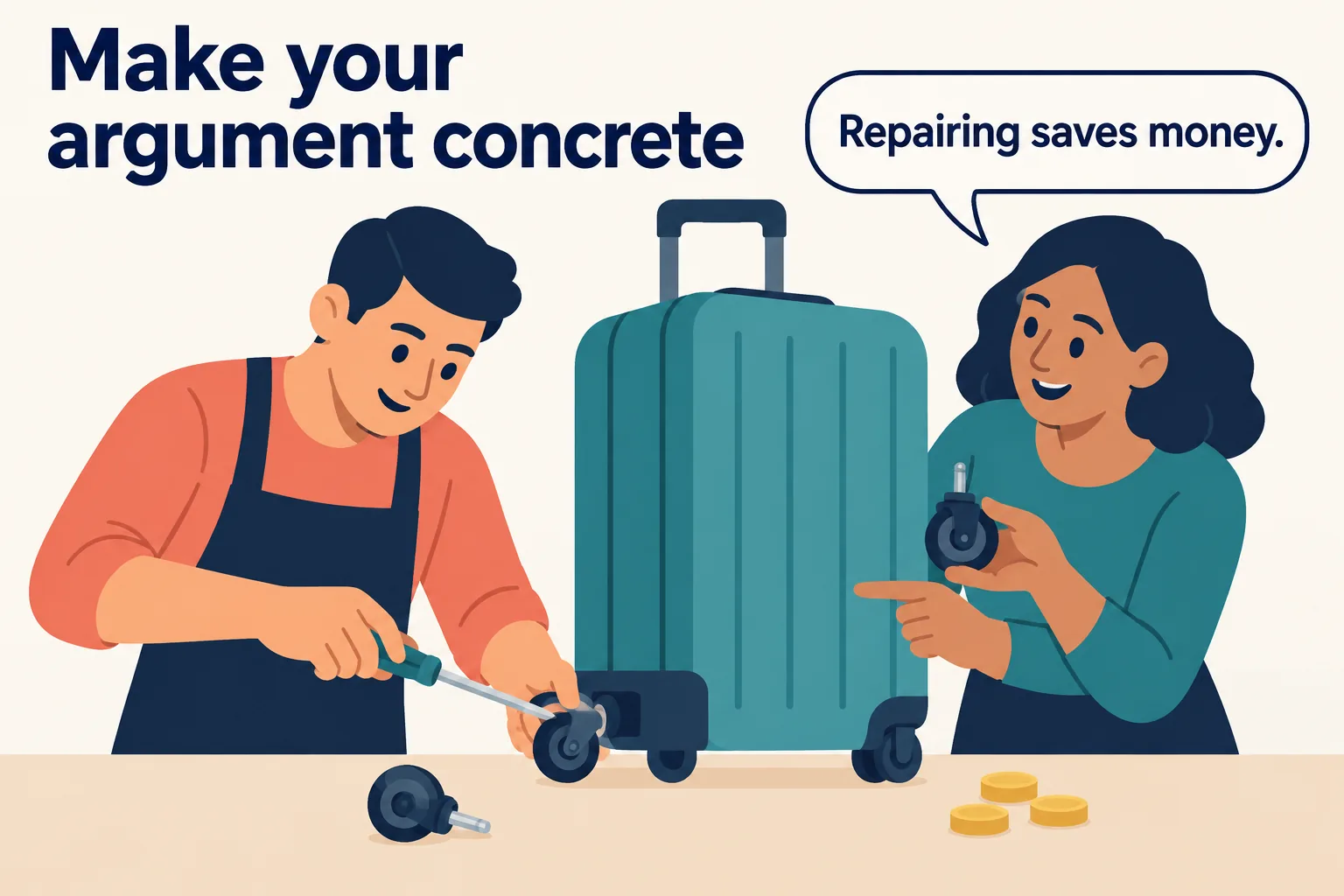 TEF writing Section B example: “repairing saves money” made concrete with a suitcase-wheel repair