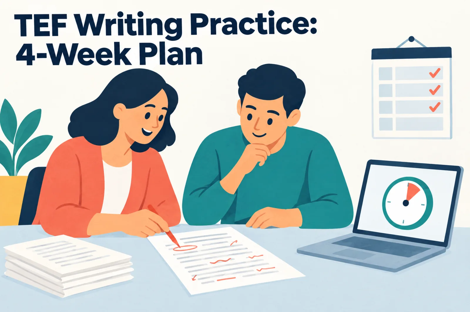 TEF writing practice, 4-week plan: a teacher corrects a student’s TEF Canada writing draft with a timer and a four-week calendar